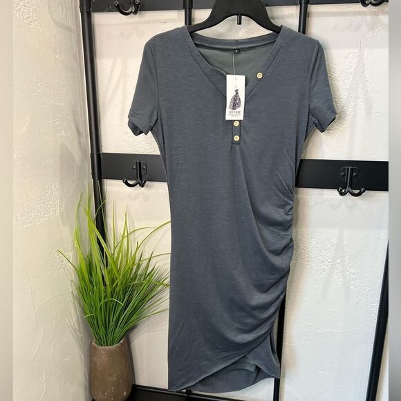 Bodycon Rutched Dress V Neck Short Sleeve T Shirt Mini Dress Size Small - Picture 2 of 16